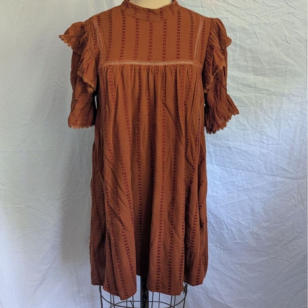 Embroidered Ruffle Sleeve Mini Dress Mock Neck Babydoll Rust Brown Boho Sz S